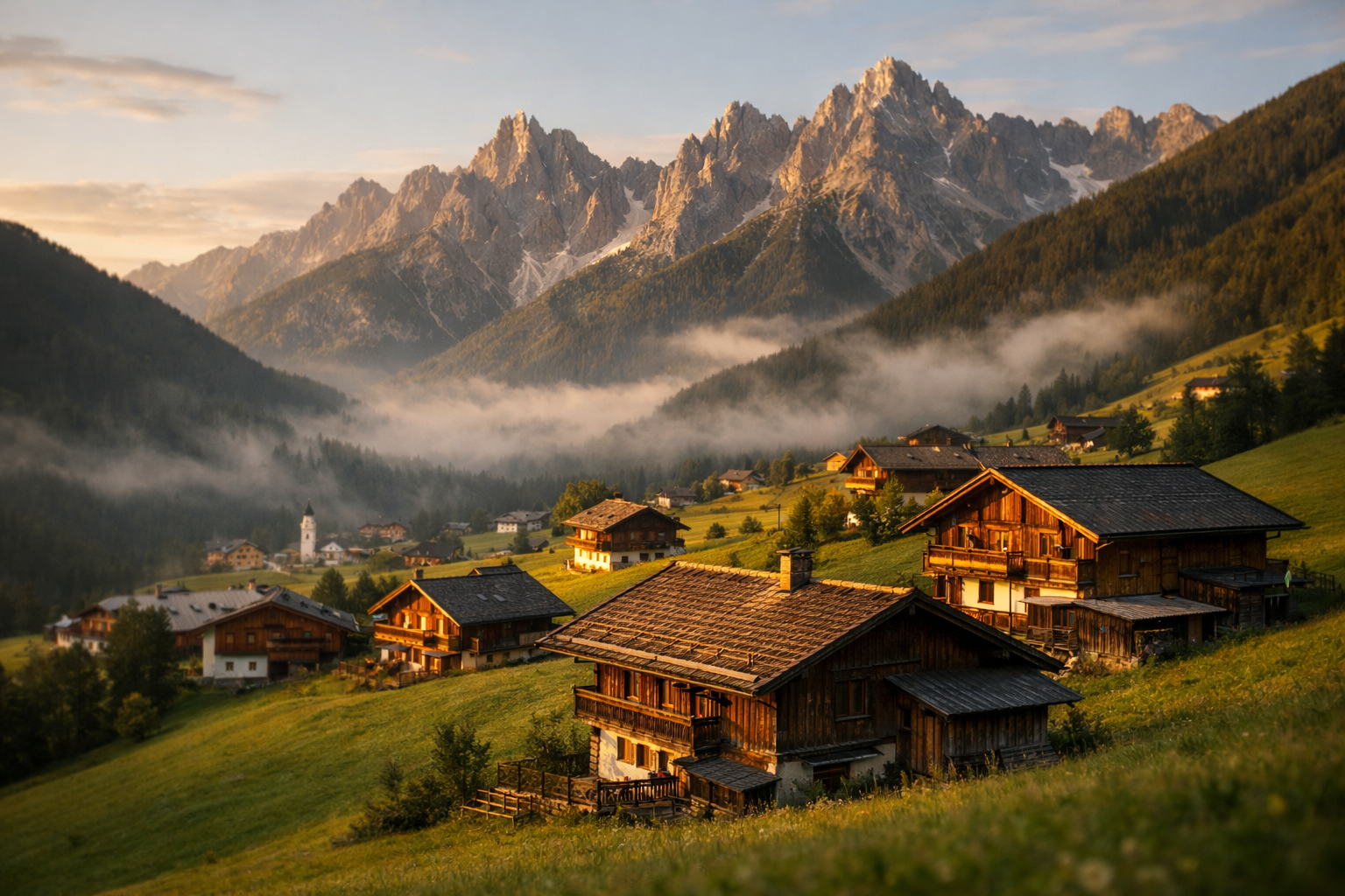 Peaceful view of Kartitsch Austria, one of the quiet alpine villages in Europe, with wooden chalets, green meadows, and mountain peaks
