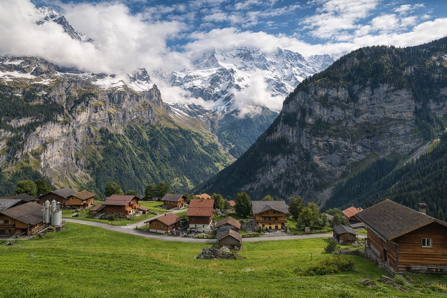 Cliffside chalets overlooking a misty valley in Gimmelwald Switzerland, one of the most iconic quiet alpine villages in Europe