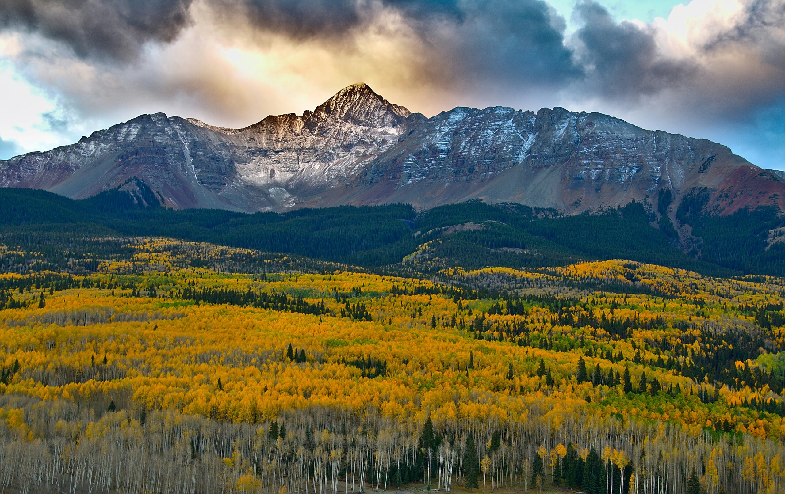A panoramic view of the historic town of Telluride nestled in a box canyon, regarded as one of the best towns in the San Juan Mountains.