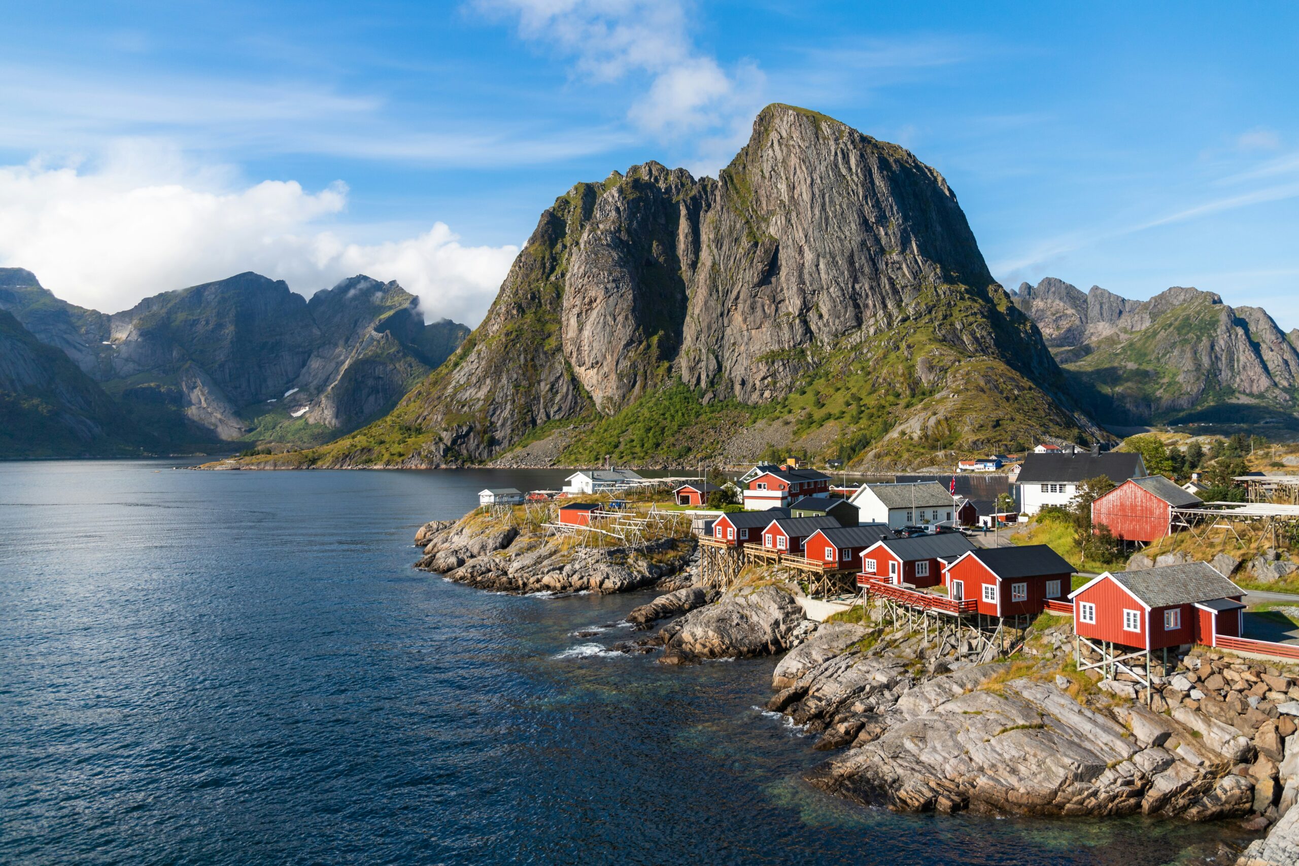 Dramatic mountain peaks and fishing villages in the Lofoten Islands, a cinematic landscape featured in this Scandinavia Travel Guide.