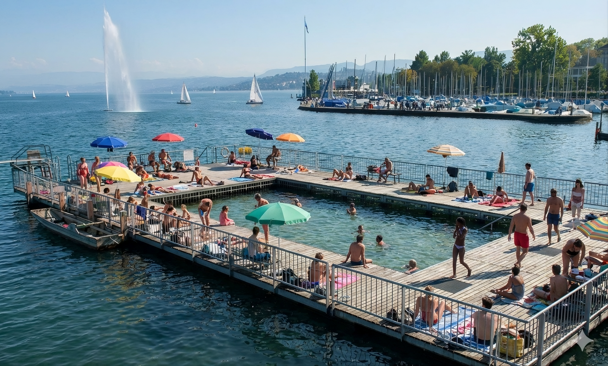 A sunny, high-angle view of a large, U-shaped wooden swimming pier floating on a deep blue lake. Numerous people in swimwear are relaxing, sunbathing on the deck, or swimming in the enclosed central pool area. Several colorful umbrellas (green, yellow, blue, and red) provide shade. To the left, a tall water fountain sprays high into the air. In the background, white sailboats drift on the water near a harbor and a tree-lined shoreline under a clear sky.