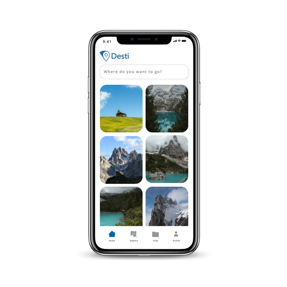 Desti app discovery interface allowing users to search destinations and browse visual travel inspiration.