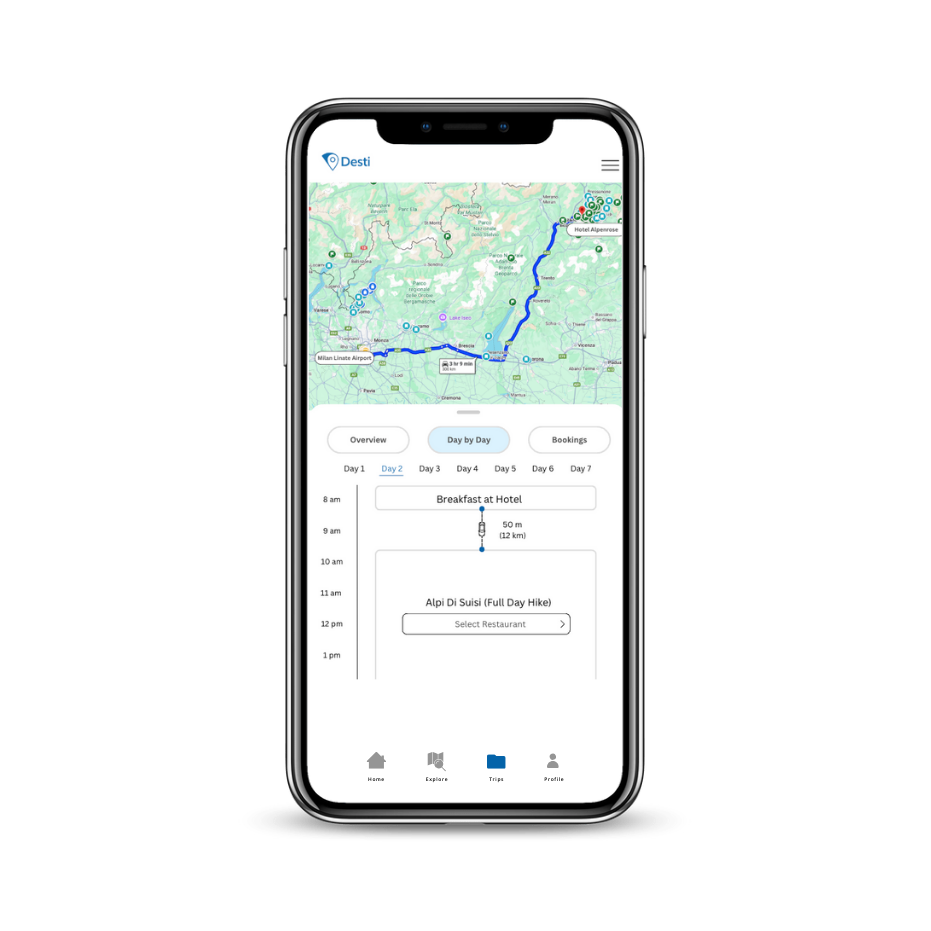 Desti trip planner interface showing the integrated map view and detailed daily itinerary management features.