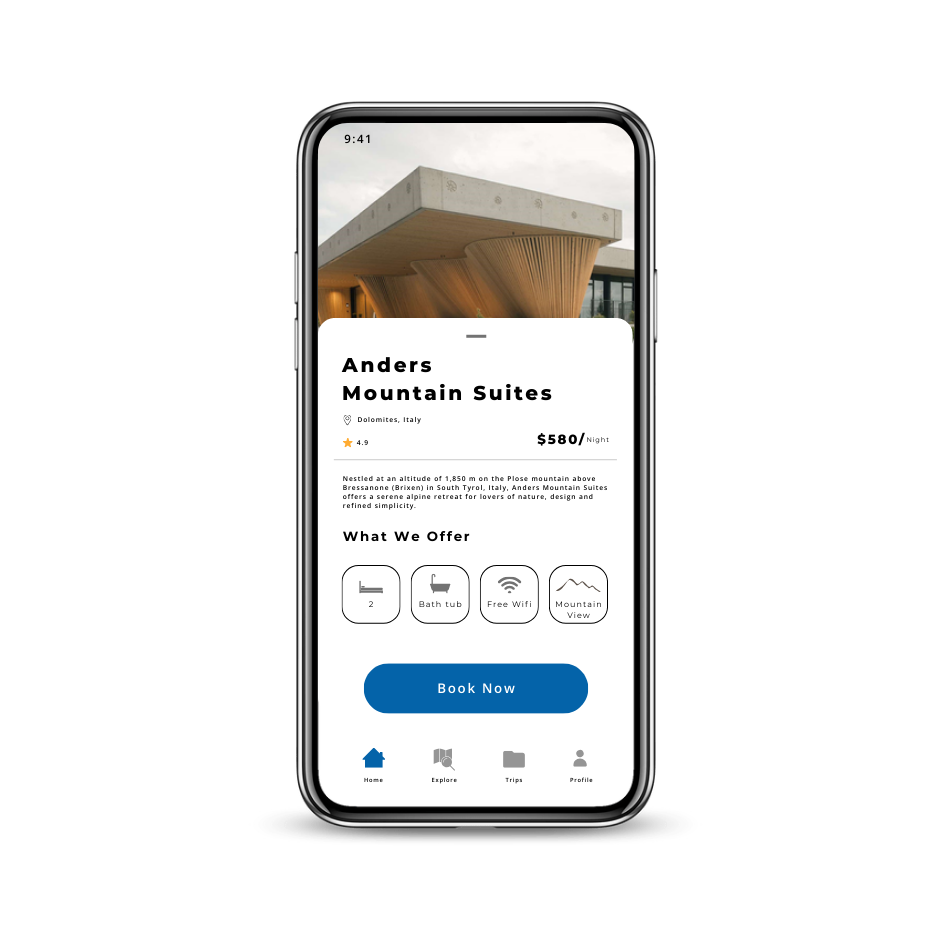 Desti in-app booking screen showing hotel details, ratings, amenities, and instant reservation options.